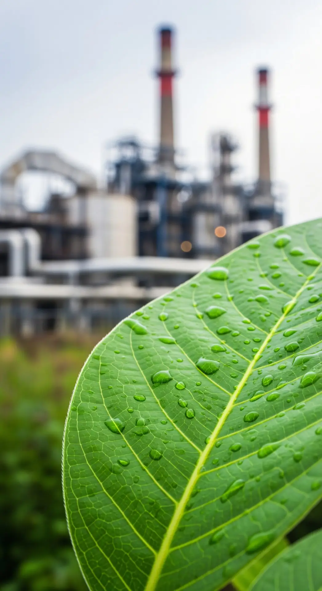 Foglia verde con gocce di rugiada e impianto industriale sullo sfondo, simbolo di gestione efficiente dell’energia