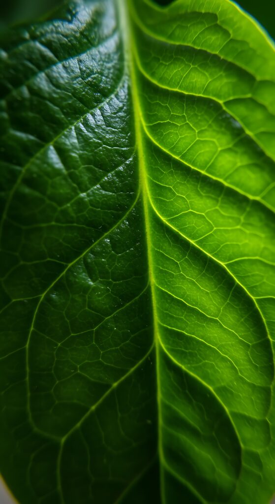 Dettaglio delle venature di una foglia verde, simbolo della riduzione delle emissioni
